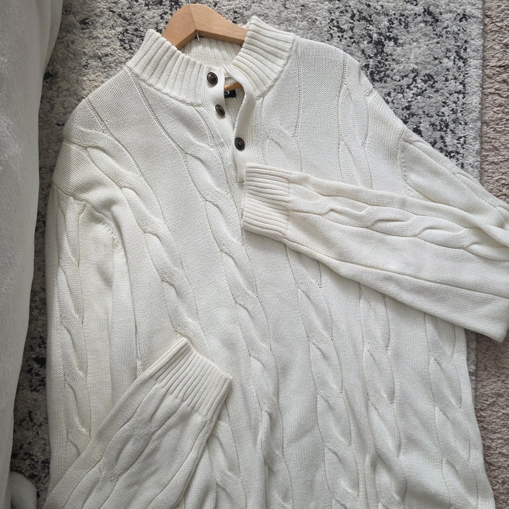Cableknit Button Sweater Cotton Mens XXL Cream Preppy 90s Business Casual Chaps - Picture 5 of 9